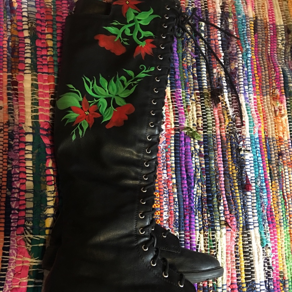 Original Handpainted Floral Knee High boots